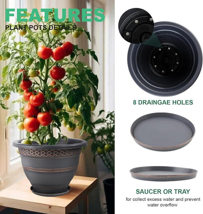 4 Pack 12 Inch Large Plant Pots, Plastic Flower Pot for Indoor & Outdoor with Drainage Holes & Saucer, Plaid Pattern Planters Garden Pots for Herbs Bronze