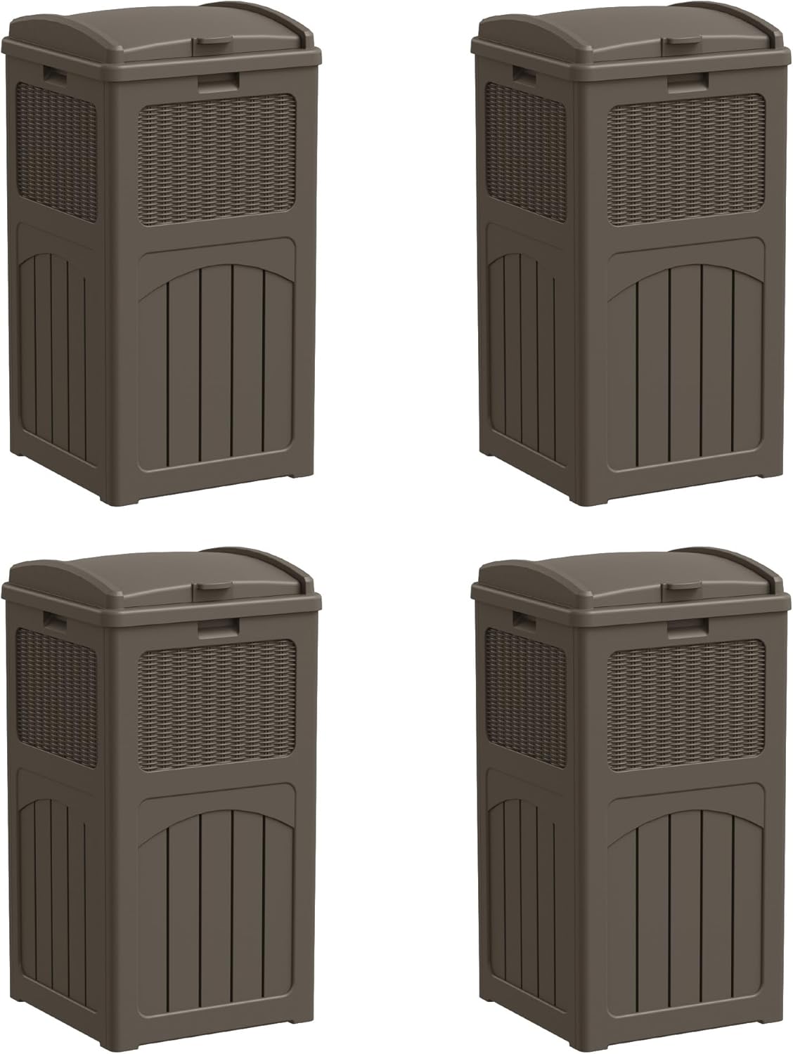 Greesum 33 Gallon Outdoor Trash Can with Lid, Waterproof Resin Garbage Bin for Hideaway, Deck, Patio, 4 Pack, Dark Brown