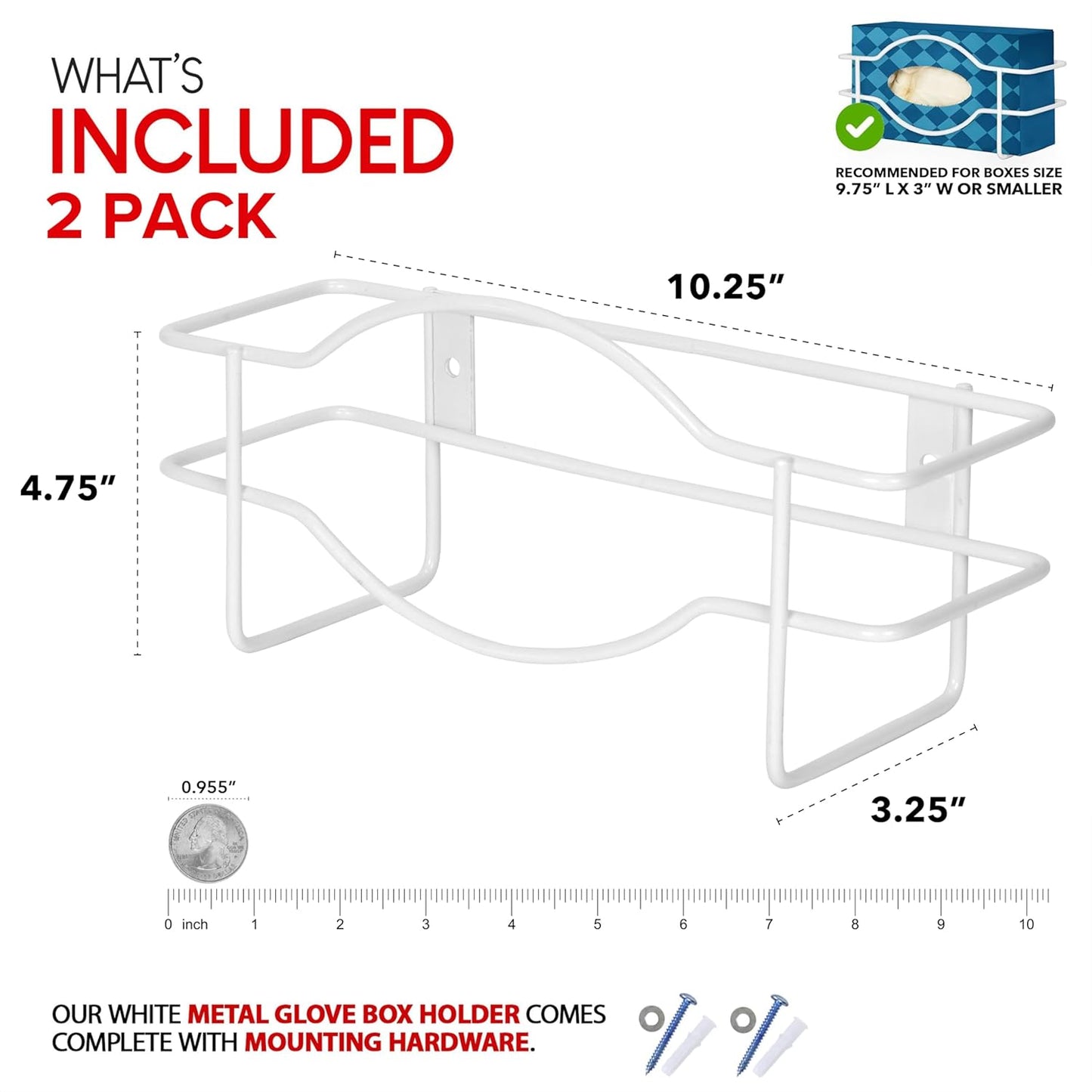 Stock Your Home (White Metal Single Gloves Dispenser (2 Pack) Tissue Box Shelf, Glove Box Holder Wall Mount, For Kitchen, Cleaning Closet, Lab, Exam, Office