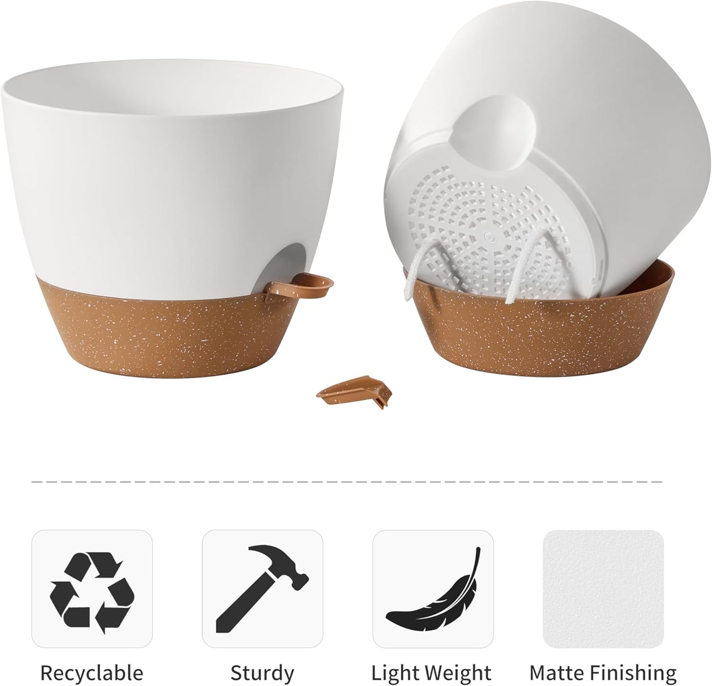 FaithLand 3-Pack Planter Pots, 10 9 8 Inch Self Watering Flower Pots for Indoor Outdoor Garden Plants, White with Brown