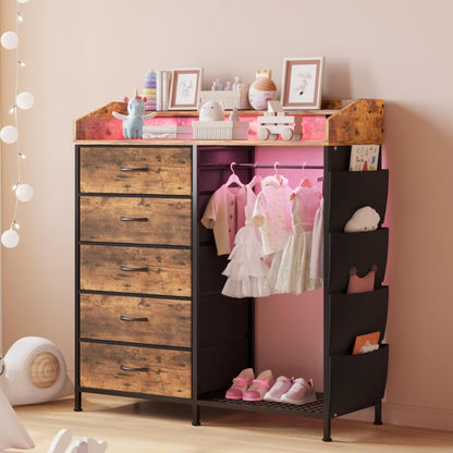 LUMTOK 2-in-1 Dresser with Hanging Racks,5 Fabric Drawers Dressers with LED Lights, Charging Station for Bedroom Living Room, Entryway, Closets (Rustic Brown)