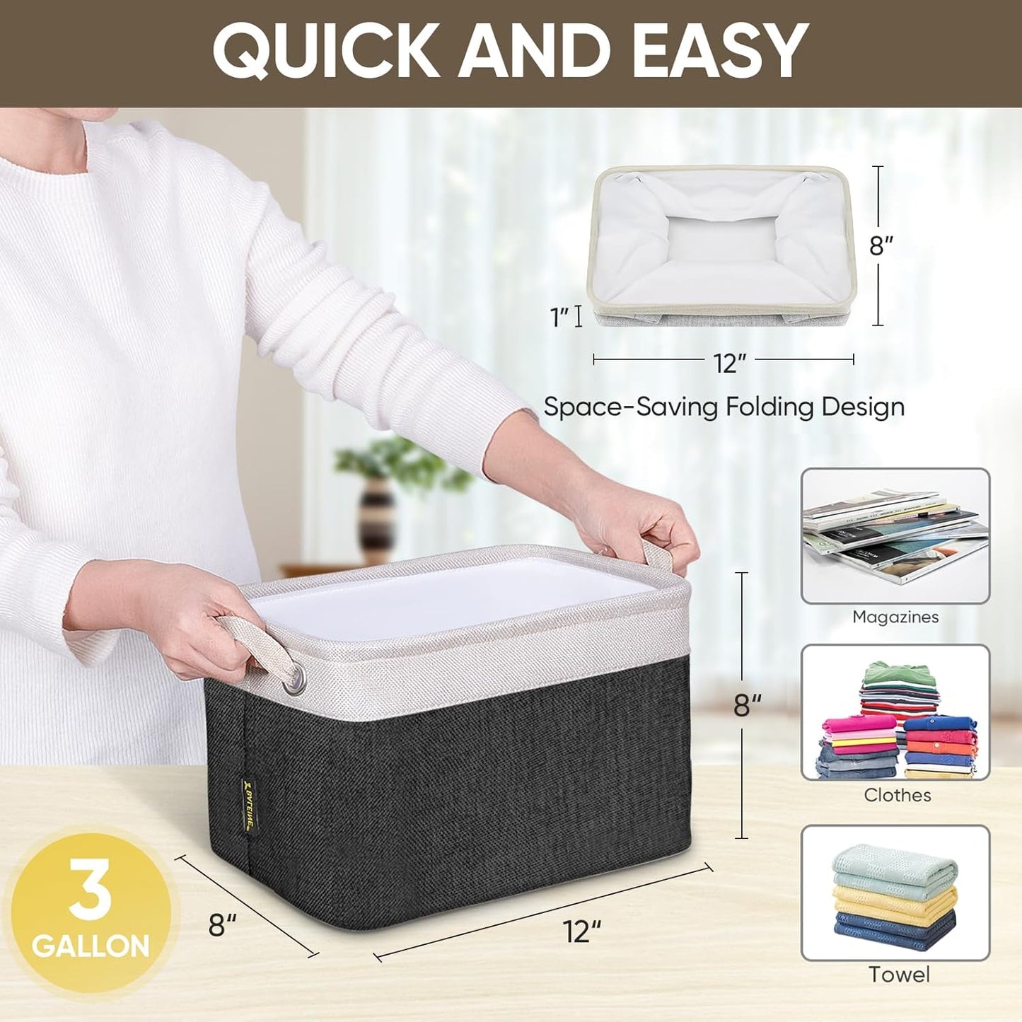 BALEINE 3 Pack Fabric Storage Bins for Shelves, Linen Storage Baskets for Organizing, Decorative Closet Bins for Clothes, Home (Black, 12"x8"x8")