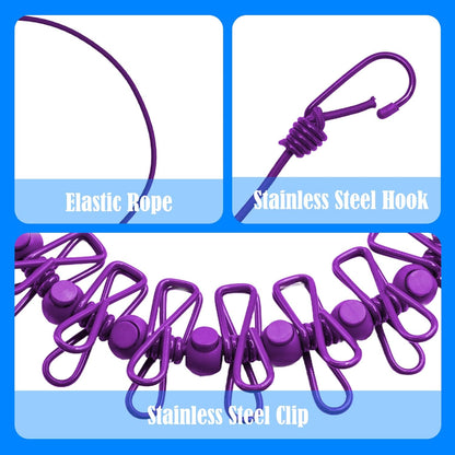 2 Pack Camping Clothesline Portable 12 Clothespins, Purple Camping Accessories Travel Clothesline for Outdoor Indoor, Retractable Clothes Line Elastic Clothesline for Camper Hotel Room