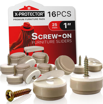 Chair Glides X-PROTECTOR – 16 PCS 1" Furniture Glides – Screw-On Chair Sliders – Premium Chair Leg Floor Protectors – Slide Furniture Effortlessly on All Floor Types with Small Furniture Sliders!