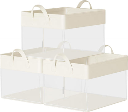SONGMICS ClosetOrganizers Set of 3, Medium Fabric Storage Baskets, Foldable Organizer with Transparent Nylon Mesh, 15.7 x 11.8 x 9.8 Inches, Handles, for Bedroom, Living Room, Cream White URFB940W01