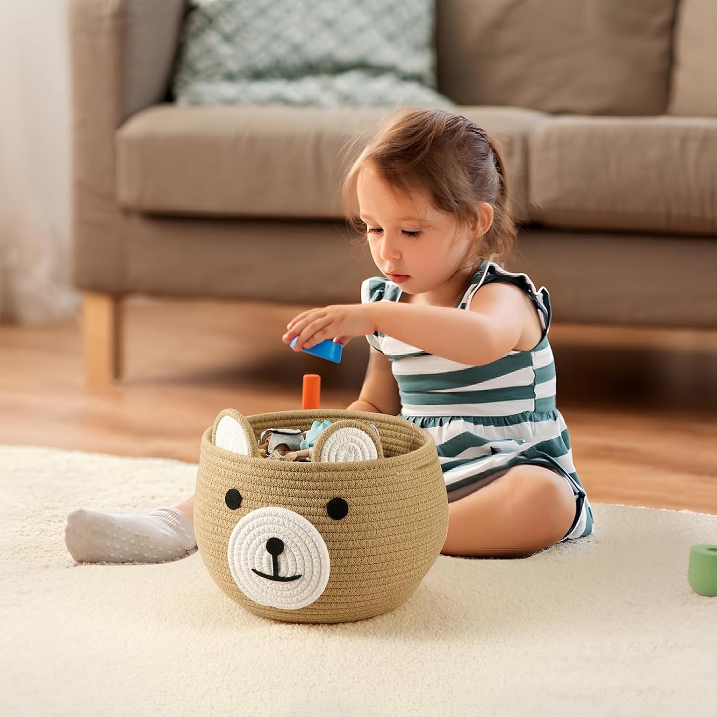 PandaEar Cotton Rope Baby Basket, Baby Gift Basket Nursery Laundry Organizer with Cute Bear Design for Storage Infant Newborn Essentials, Diaper Caddy with Handle (Brown)