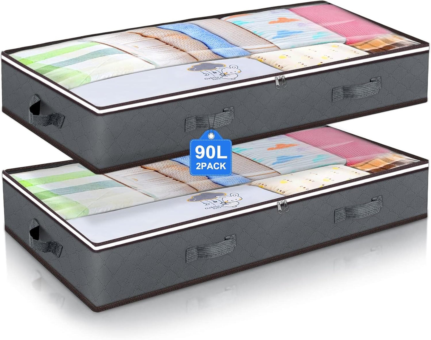 90L Under Bed Storage Containers, Underbed Toy Organizers and Clothing Storage Bags, Closet Storage Bins with Clear Window for Organizing Blanket Comforter Bedding Clothes Bedroom Dorm, 2 Pack