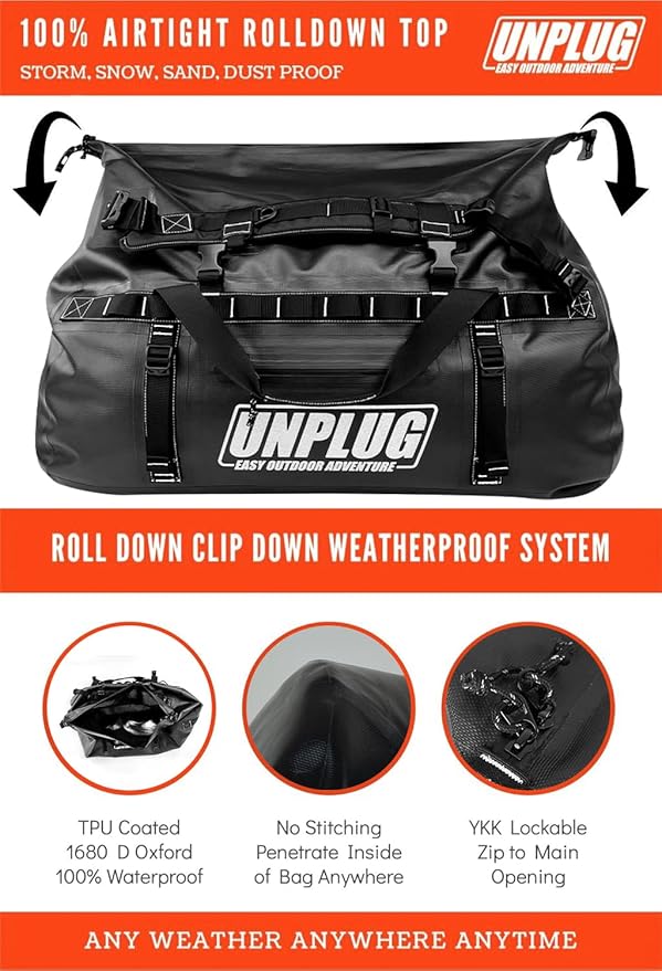 UNPLUG Ultimate Adventure Bag | 1680D Heavy Duty Waterproof Bag | Large Travel Duffle Bag which can be Used for Camping, Motorcycling, Boating, or Hunting