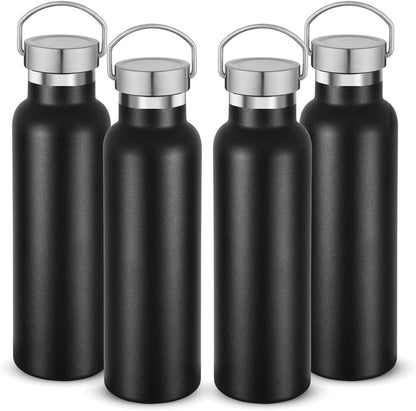 Neihepal 20 oz Insulated Water Bottles Bulk 4 Pack,Stainless Steel Double Wall Sport Bottle with Lid of Handle,Metal Reusable Thermoses Flask with Cup Cap for School,Hikers,Gift (Black,Set of 4)
