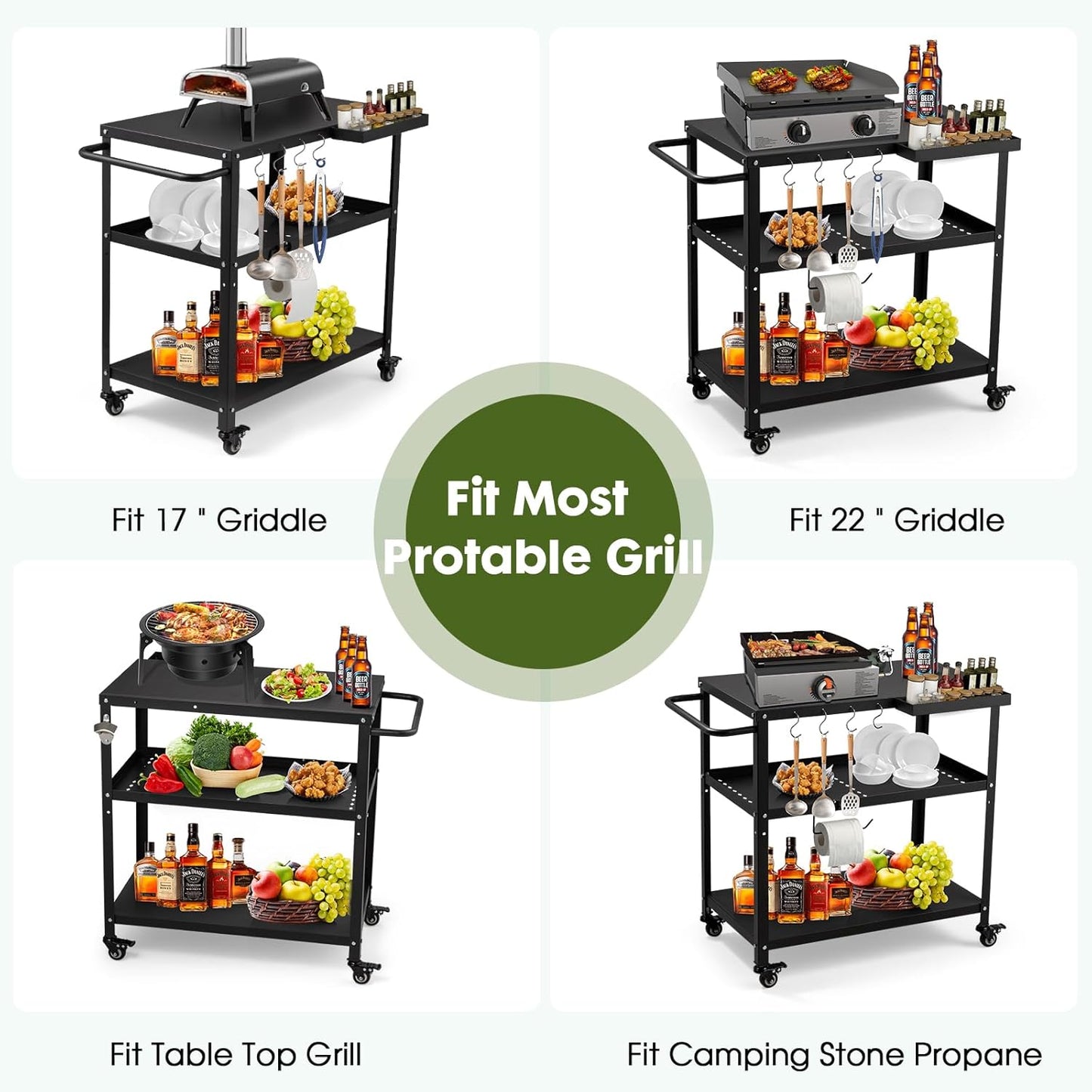 Outdoor Grill Cart Table,Indoor and Outdoor Pizza Oven Table,with 4 Movable Total Lock Casters, Hooks, Side Handle Multifunctional (Black)