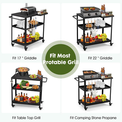 Outdoor Grill Cart Table,Indoor and Outdoor Pizza Oven Table,with 4 Movable Total Lock Casters, Hooks, Side Handle Multifunctional (Black)
