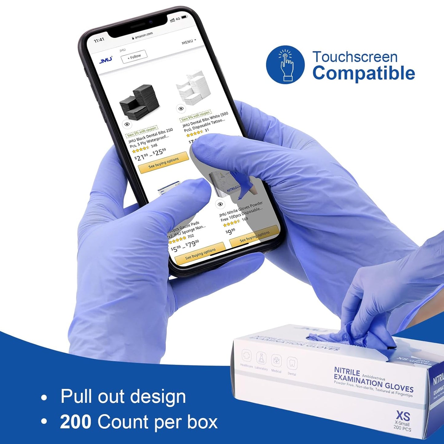 JMU 200 Count Nitrile Gloves Small, 3.5 Mil Powder Free Latex Free Disposable Gloves for Medical, Cooking, Cleaning