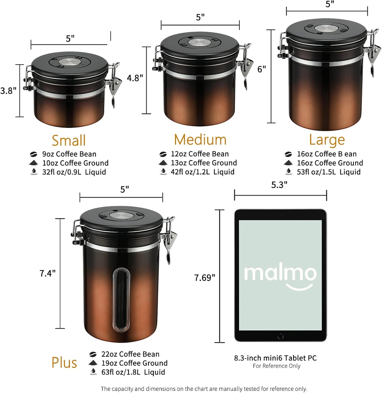 malmo Coffee Canister, Airtight Coffee Container with Date Tracker Lid, Stainless Steel Canister for Kitchen Food Storage (Black-Copper, 9oz)