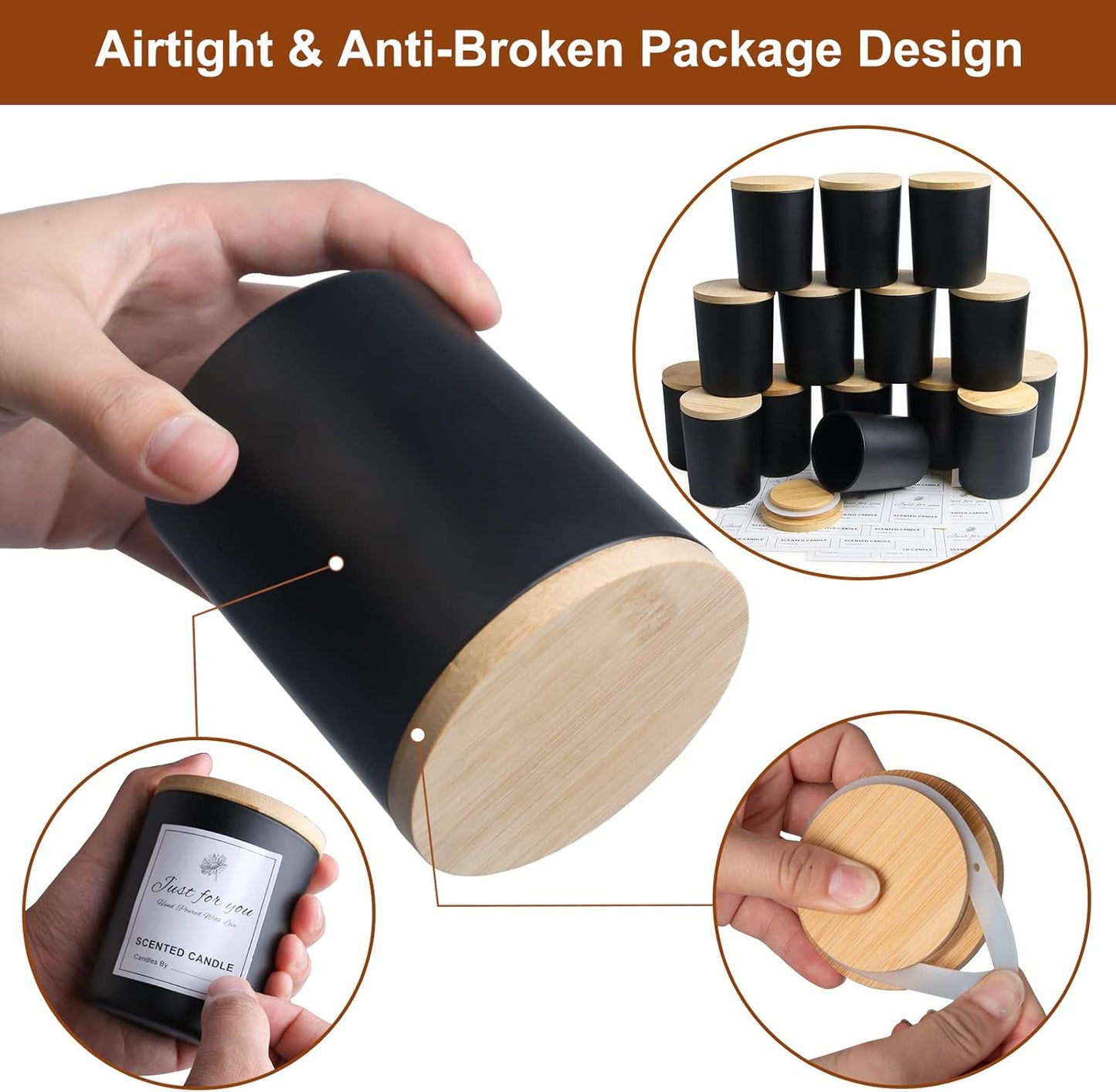 CONNOO 15 Pack 7 OZ Halloween Candle Jars with Bamboo Lids for Making Candles, Thick Black Glass Candle Jars Empty Jars in Bulk with lids - Dishwasher Safe