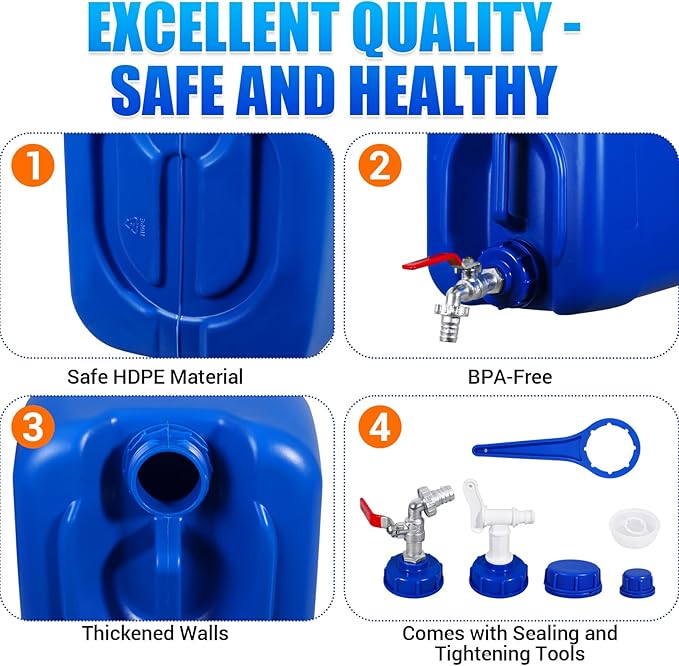 6.6 Gallon Emergency Water Storage Container with Spigot, BPA-Free Water Tank with Lid, Stackable Survival Storage for Disaster & Camping (1 Pack) (4 Pack Blue, 6.6 gal)