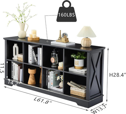 Farmhouse 8 Cube Bookshelf, Black Storage Organizer Bookcase, Kids Toy Storage Cabinet, Long Bookshelves Storage Organizer Shelf, Wood Display Cabinet Book Shelves for Bedroom,Living Room,Office