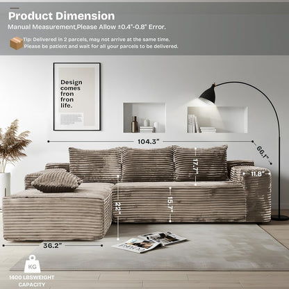 104" Modern Modular L-Shape Sofa Couch with Chaise Light Coffee Faux Rabbit Fur Cloud Sectional Couch with Deep Seat Modular Sectional Sofa No Assembly Required Upholstered Couches for Living Room