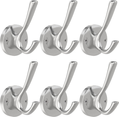 Brushed Nickel Wall Hooks, 6 Pack Coat Robe Hook Heavy Duty Metal Double Bath Hook Wall Mounted, Hand Towel Hooks for Cubicle Bathroom Kitchen Closet Garage