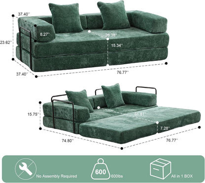 Convertible Sleeper Sofa Bed, Compression Folding Sofa with Pillow, No Assembly Required, Shape Frame, Floor Sofas Lounge Couch for Living Room, Bedroom, Small Spaces(Chenille, 77''W, Dark Green)