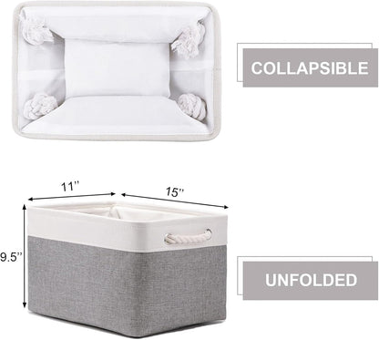 HNZIGE Large Fabric Storage Baskets (3 Pack) - Foldable Gift Baskets with Rope Handles, Decorative Organizers for Home (White & Gray, 15" x 11" x 9.5")