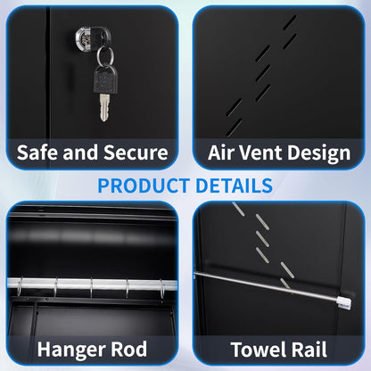 Metal Storage Cabinet with Lock Door, 75" Tall Garage Storage Cabinet with Hanging Rod, Broom Closet Bathroom Storage Cabinet, Cleaning Tool Cabinet