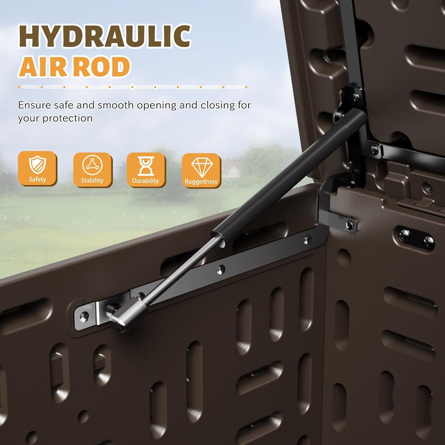 Flamaker Resin Deck Box 250 Gallon, Waterproof Imitation-Wood Lockable Storage Box with Separator Plate Outdoor Indoor, Garden, Patio Furniture for Tools&Pool Accessories (Deep Brown)