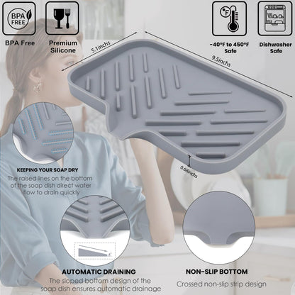 Yasmen Silicone Bathroom Soap Dishes, Sink Sponge Holder for Kitchen, Rubber Soap Dish with Drain, Shower Soap Sponge Tray, Sink or Counter Organizer, for Bar Soap, Bottle, Dish Soap Dispenser-Grey