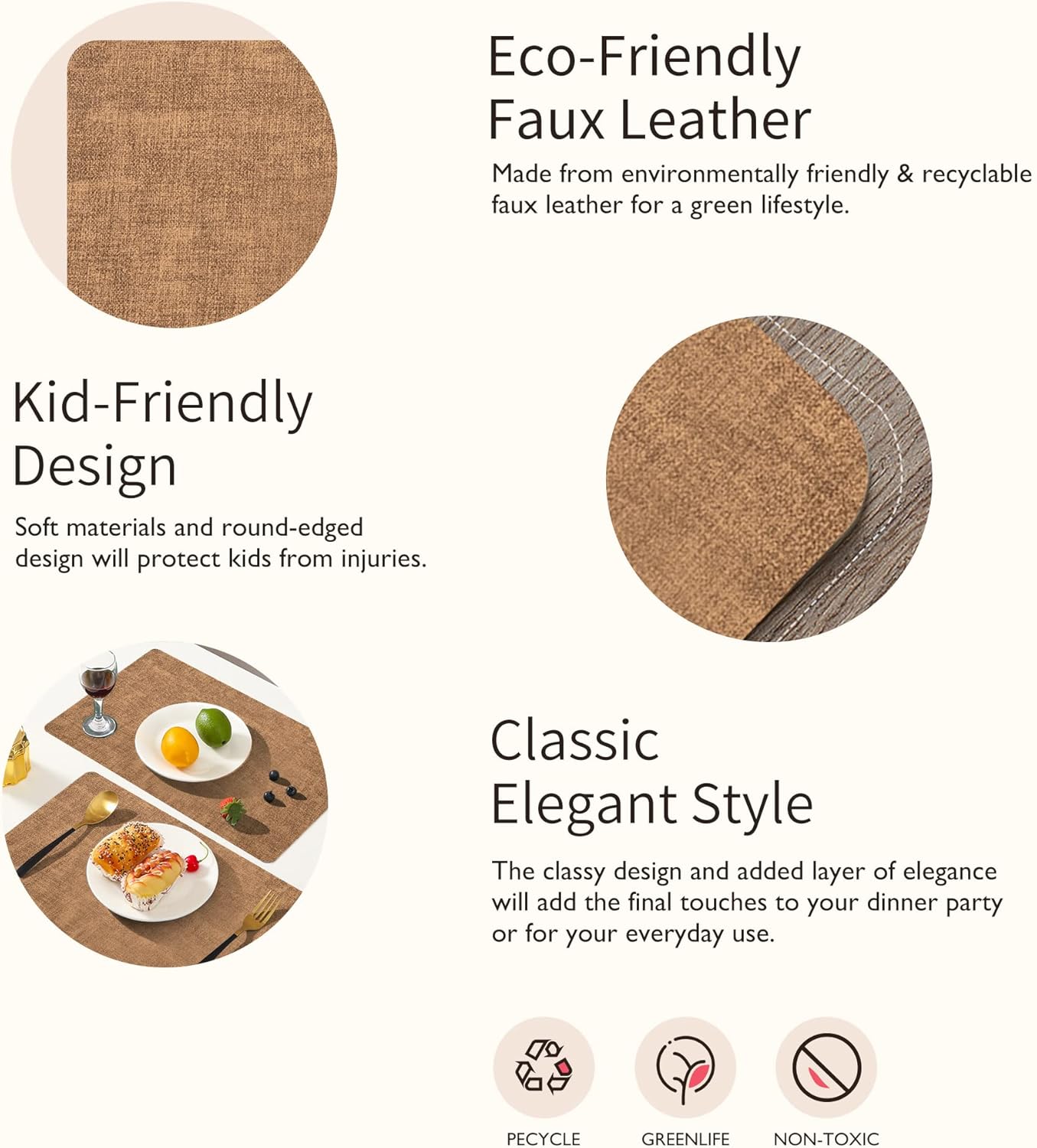 Maxpearl Faux Leather Placemats Set of 4 - Waterproof - Wipe Clean - Heat Resistant - Anti Slip Dining Table Place Mats, Suitable for Indoor & Outdoor Use, 17’’×12’’, Brown