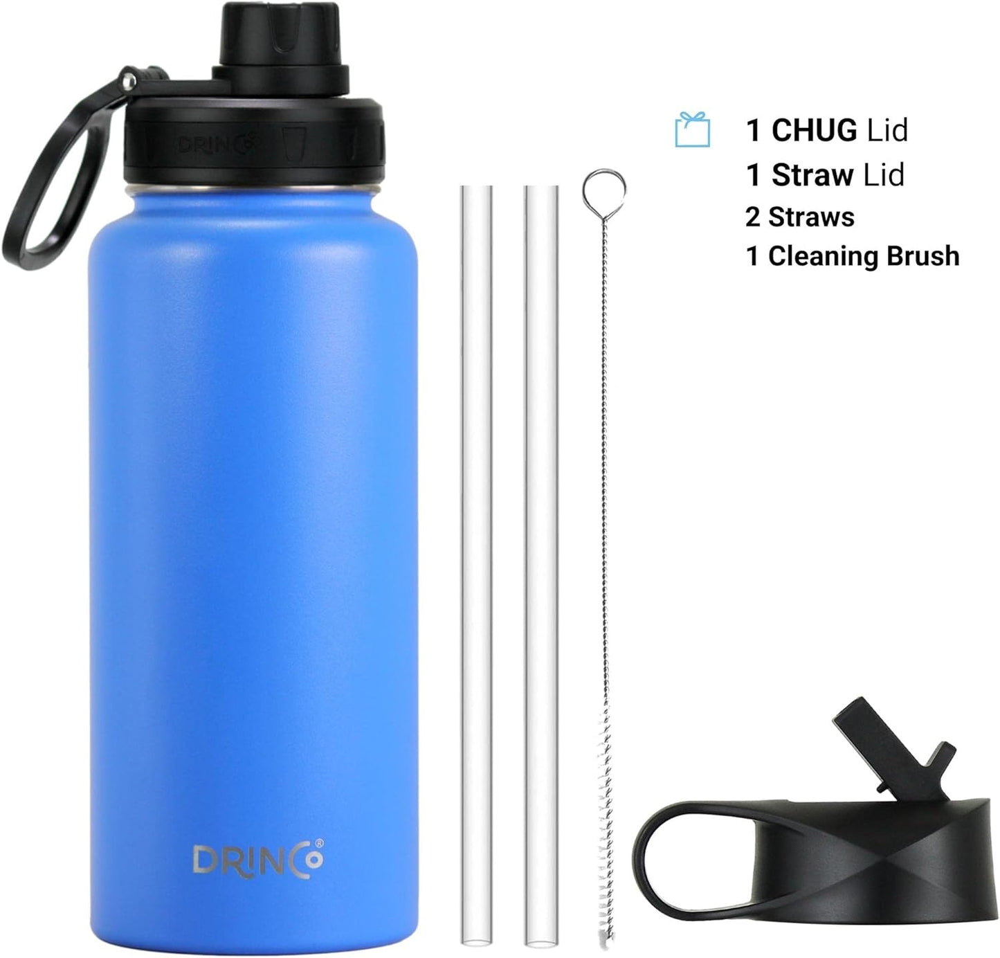 DRINCO Stainless Steel Water Bottle Spout Lid Vacuum Insulated Double Wall Water Bottle Wide Mouth (40oz 32oz 22oz 18oz 14oz) Leak Proof Keep Cold Sport Camping Hiking (32 oz, 32oz Royal Blue)