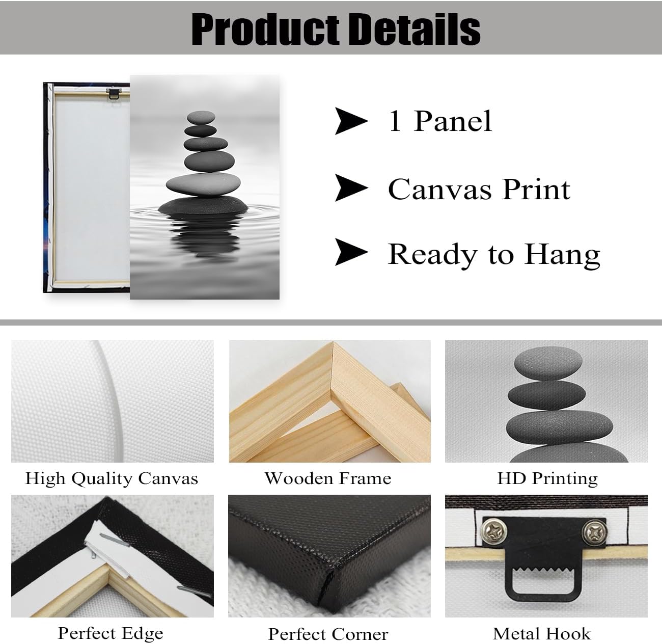 DOARTDO Zen Picture Wall Decor Black and White Zen Stone Canvas Wall Art Spa Stone Picture Print Bathroom Yoga Room Decor Frame (28.00" x 42.00", Zen Stone - 2)