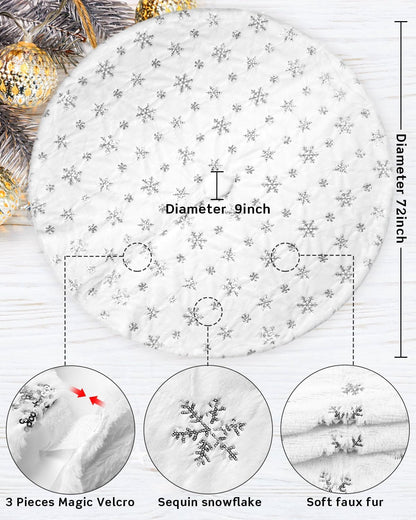 COOLWUFAN 72 Inches Christmas Tree Skirt for Xmas Tree Holiday Party Decorations White Plush Silver Sequin Snowflake (Silver)