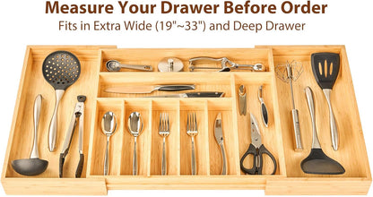 Umilife Extra Large Expandable Kitchen Siverware Utensils Drawer Organizer, 19" Deep for Big Drawer, Adjustable Bamboo Wood Drawer Divider with Curved Grooves, Cutlery Tray Flatware Holder
