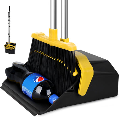 Broom with Dustpan Combo Set, Brooms and Dustpans Sets with 51'' Long Handle, Large Dust Pan and Broom, Self-Cleaning Dustpan Teeth for Lobby Kitchen Office - Black and Yellow