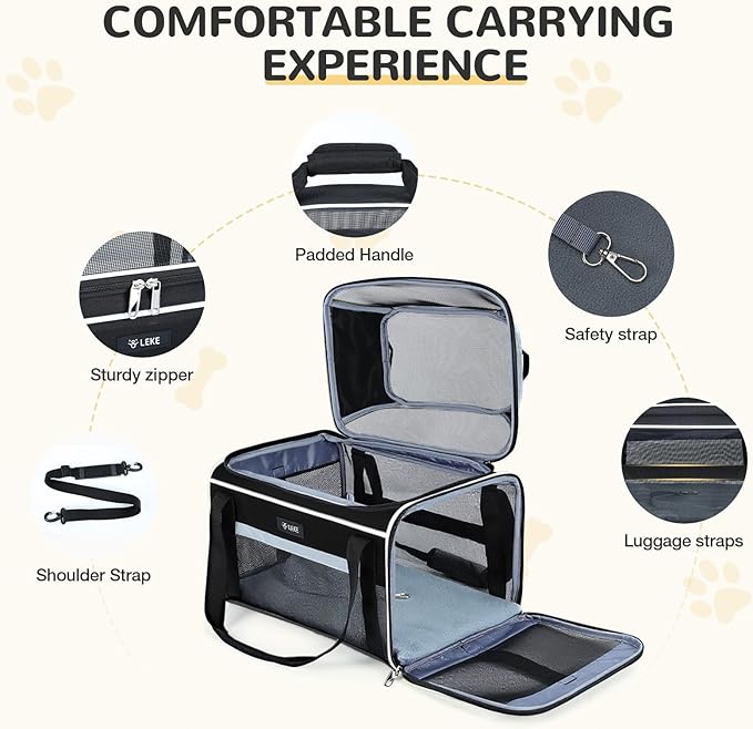 Lekereise Top-Expandable Pet Carrier 17x11x9.5 Inch Alaska Hawaiian Airline Approved Soft Sided Underseat to 12lbs Travel Carriers for Small Cats and Dogs with Locking Safety Zippers Anti-Scratch Mesh