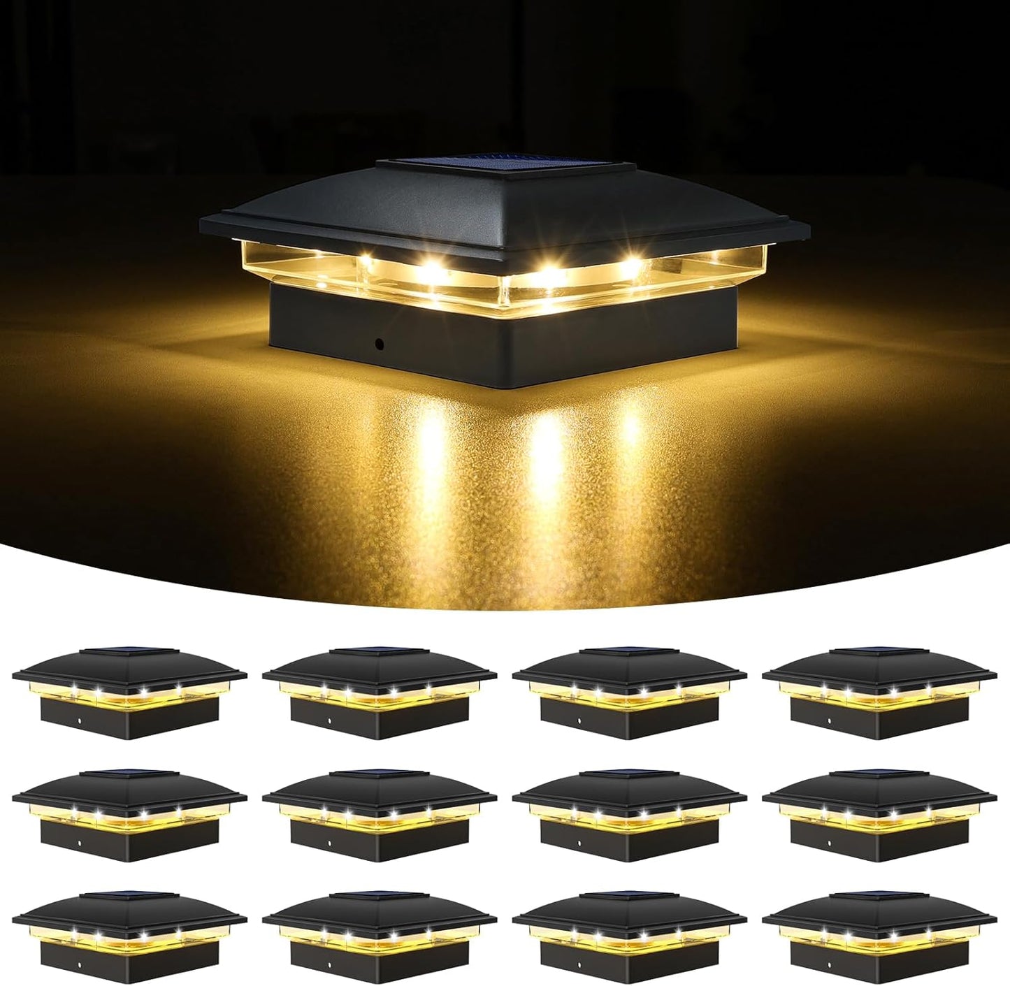 VOLISUN Solar Post Cap Light Outdoor Waterproof 12pack,Solar Fence - Post Lights for 4x4 5x5 6x6 Wooden/Vinyl Post,Black Deck Post Cap Light Solar Powered with Warm White for Garden/Patio/Porch