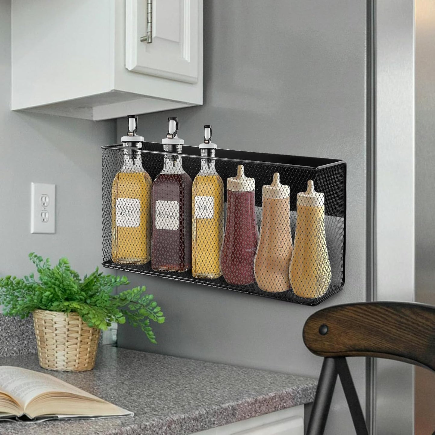 Black Magnetic Basket for Refrigerator, Black Magnetic Basket Organizer Magnetic Spice Rack, Magnetic Locker Organizer Holder for Kitchen Storage, Magazine, Whiteboard