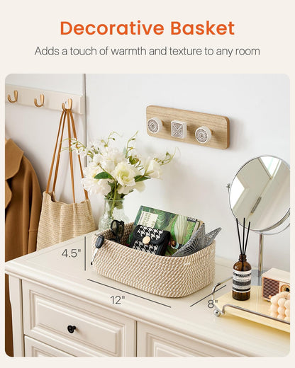 Small Woven Basket, 12 x 8 x 4.5 Inches, Storage Basket for Organizing, Cute Small Rope Shelf Closet Cube Storage Bins Baskets for Shelves, Dog Toy Gift Baskets Empty, 3 Pack Brown