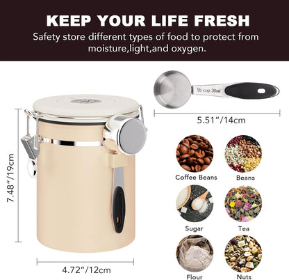ShanSon Coffee Canister Airtight Coffee Container Stainless Steel Coffee Bean Storage Container with CO2 Release Valve and Scoop Coffee Canister for Beans,Grounds,Sugar,Flour,Tea,Cereal,22OZ,Brown