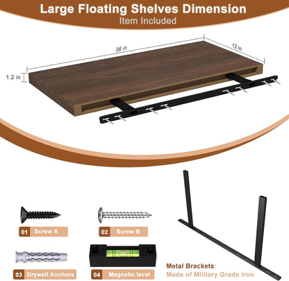 12 Inch Deep Floating Shelves for Wall 3 Pack Floating Shelves Large Storage Space Wall Mount Shelf for Living Room Kitchen Bathroom 36" W x 12" D x 1.2" H Walnut
