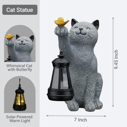 Solar Cat Garden Statue Outdoor Decor, Cat Sculpture with Lantern and Butterfly for Yard Lawn Patio Balcony, Birthday Housewarming Gifts for Mom, Grandma, Women, 9.4 inch, Resin