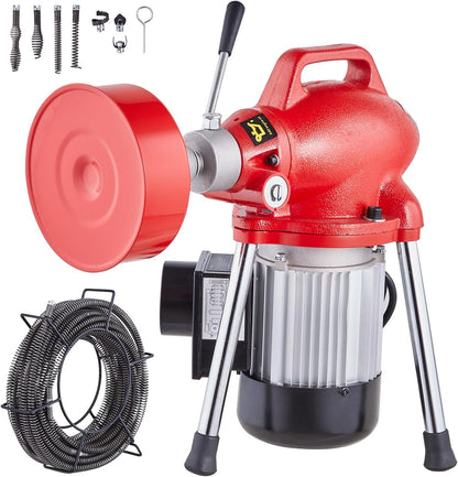 VEVOR Drain Cleaner Machine 66FT x 5/8 Inch, 250W Electric Sewer Snake Auger with 2 Sectional Steel Cables (66' x 5/8" and 15' x 3/8"), 7 Cutters and CW/CCW Control for 1.6" to 4" Pipes