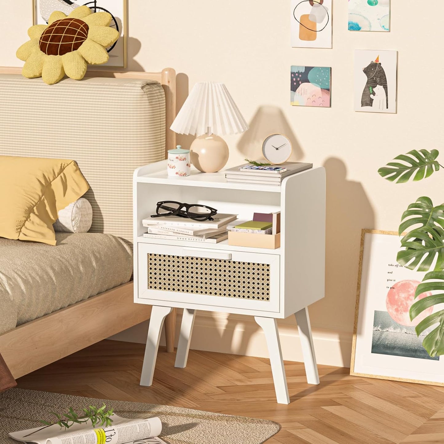 Lerliuo Rattan Nightstands Set of 2, Bedside Table with Drawer Open Shelf, Cane Accent Side End Table with Solid Wood Legs, White Mid Century Night Stand for Bedroom, Dorm and Small Spaces