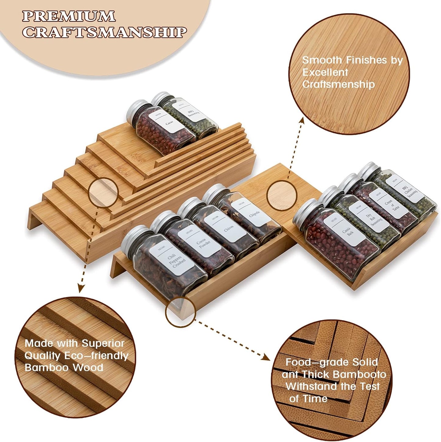 Bamboo Spice Rack Drawer Organizer - 8 Piece Set - 8" or 16" Wide