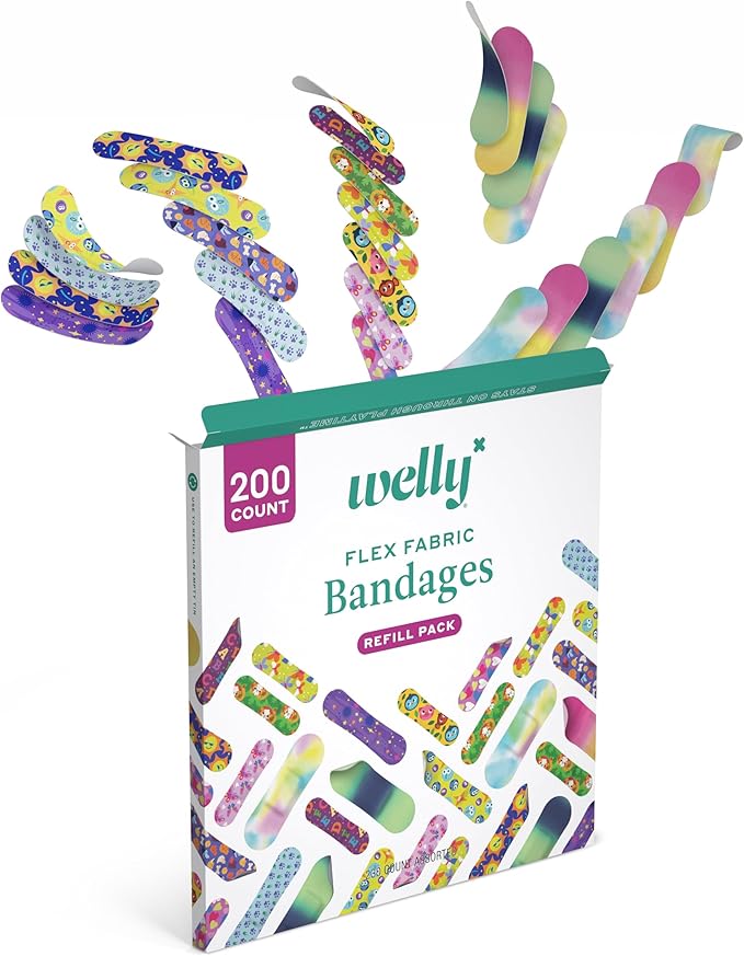 Welly Bandage Refill Ready Pack | FSA Eligible | Adhesive Flexible Fabric Bandages | Bulk Assorted Shapes and Patterns for Minor Cuts, Scrapes, and Wounds - 200 Count
