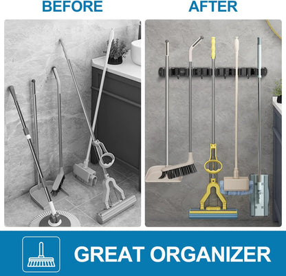 IMILLET Broom Holder Wall Mount, Broom Holder Stainless Steel Heavy Duty Garage Organization Broom Organizer Wall Mount Self Adhesive Laundry Room Organization and Storage（5 Racks and 4 Hooks）