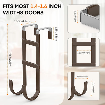FYY Over The Door Hooks - 2 Pack Heavy Duty Dual-Hook Organizer Hanger with Non-Slip Rubber for Towels, Clothes, Hats & Bags Use in Bathroom, Bedroom, Kitchen - Fits Interior Doors Up to 1.6" Brown