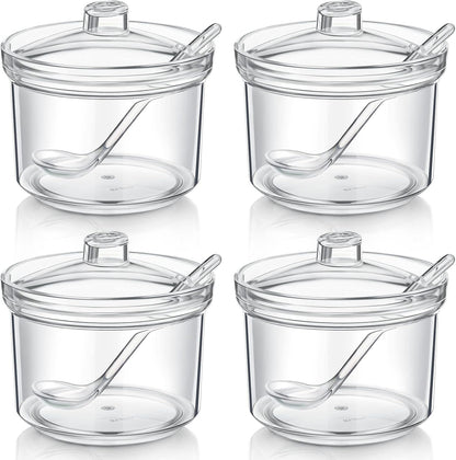 Patelai 4 Pieces Sugar Bowl Acrylic Clear Sugar Bowl with Lid and Salt Spoon Storage Jar with Airtight Lid for Salt, Tea, Spices, Herbs, Condiments(13 oz)