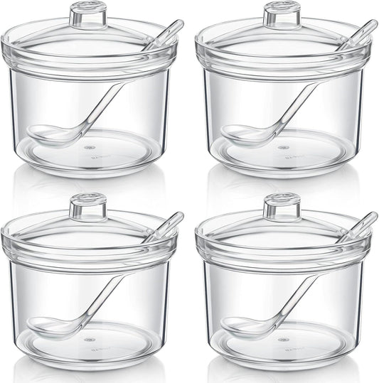 Patelai 4 Pieces Sugar Bowl Acrylic Clear Sugar Bowl with Lid and Salt Spoon Storage Jar with Airtight Lid for Salt, Tea, Spices, Herbs, Condiments(13 oz)