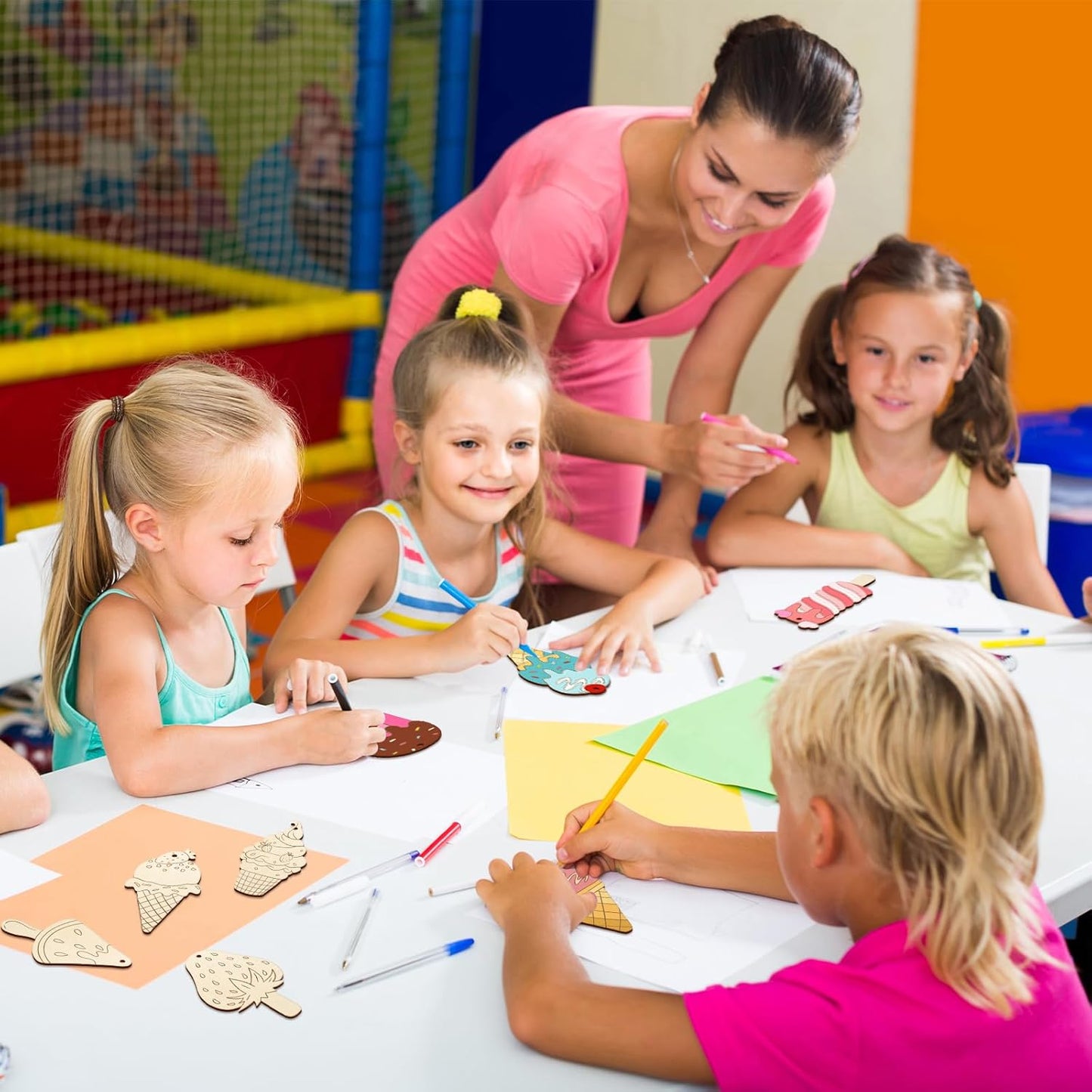 80PCS Wooden Ice Cream Cutouts Ornaments to Paint,Summer Decorations 8 Styles DIY Blank Unfinished Wood Cutouts Ornament for Crafts Hanging Decorations