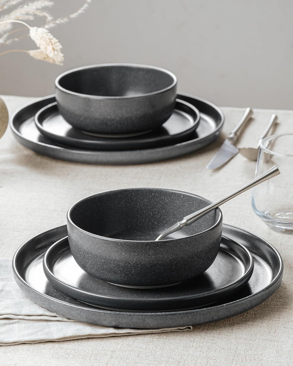 Famiware Milkyway Plates and Bowls Sets, 24 Pieces Dinnerware Sets, Reactive Glaze Dish Set, Stoneware Dishes Set for 8, Matte Dark Charcoal